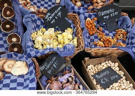 Mushroom Choice At A Local Market In Amsterdam, Netherlands.