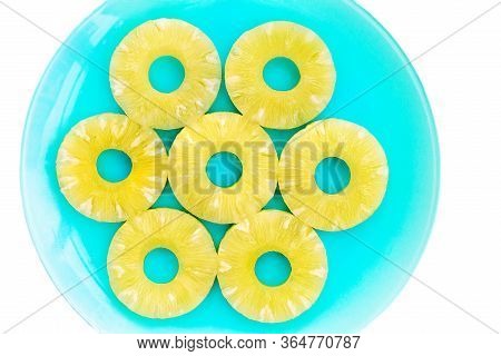Fresh Sliced Pineapple Isolated On White Background. Pineapple Chunks Close Up.