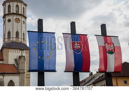 Flag Of The European Union, Slovak Republic, Levoca In The Historic Center Of Levoca, Church Of St. 