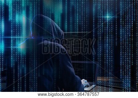 Cyber Criminal Hacking System At Table, Digital Binary Code On Foreground