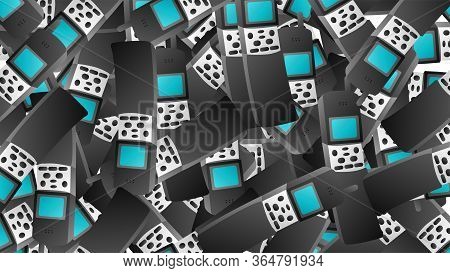 Seamless Pattern Of Retro Old Hipster Cell Mobile Phones From The 70s, 80s, 90s, 2000s, Background.