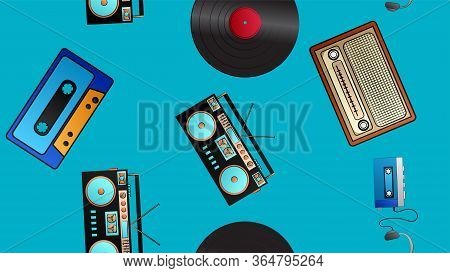 Seamless Pattern Of Retro Old Hipster Music Audio Cassette Players And Tape Recorders Vinyl Records 
