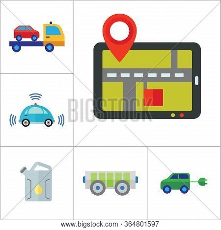 Car Icon Set. Steering Wheel Tire Electric Car Spanner And Car Wheel Petrol Jerrican Electrocart Tow