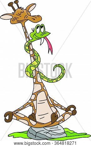 Cartoon Giraffe With His Snake Friend Around His Neck Sitting In Lotus Position Doing Yoga Practice 
