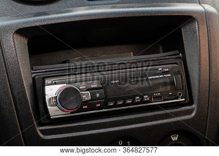 Novosibirsk/ Russia - May 02 2020: Lada Granta, Close Up On A Black Panel With Radio,  Player And Co