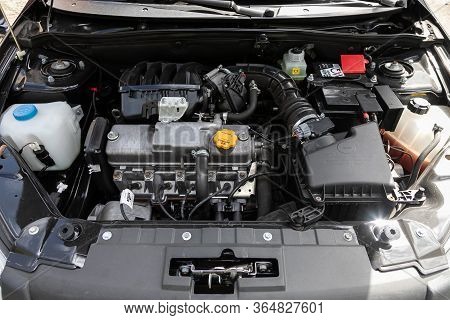 Novosibirsk/ Russia - May 02 2020: Lada Granta, Close Up Detail Of  Car Engine, Front View. Internal