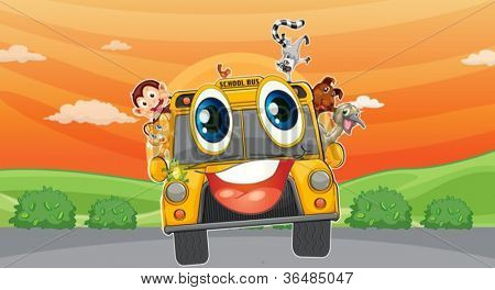 ilustração de vários animais em ônibus escolar