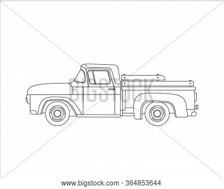 Contour Old Farmer Retro Pickup Truck Isolated On White Background. Vintage Transport Car. Coloring 