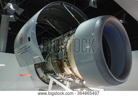 August 30, 2019 Zhukovsky, Russia. Russian Advanced Civil Turbofan Aircraft Engine Pd-14 Under Devel
