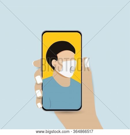 A Young Men Wears Medical Mask Takes A Selfie And Holds Smartphone In His Hand. Corona-virus. Epidem
