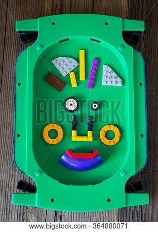Irkutsk, Russia- April 24, 2020: Creative Man's Portrait From Lego Details For Kids Creativity, All 