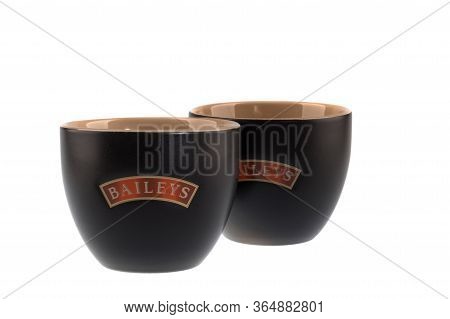 Varna, Bulgaria - April 14, 2020. Set Of Black Baileys Ceramic Cups, Isolated On White Background. B