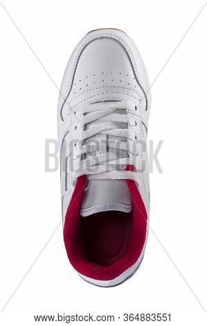 Sport Shoes. White Sneaker With A Red Insert On A White Background.