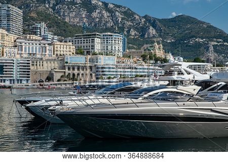 Monaco, Monte-carlo, 06 August 2018: Tranquillity In Port Hercules, Is The Parked Boats, Sunny Day, 