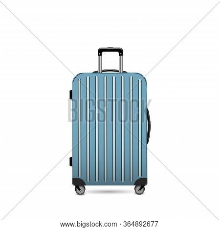 Luggage Bright Blue Plastic Travel Suitcase On Wheels And With Telescopic Handle. Package Icon. Vect