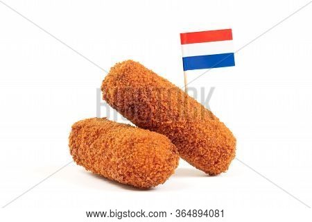 Brown Crusty Dutch Kroketten With Dutch Flag, Isolated On A White Background
