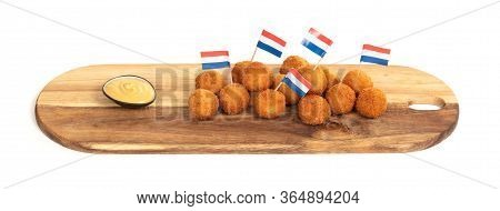 Dutch Traditional Snack Bitterbal On A Serving Board, Dutch Flag, Isolated