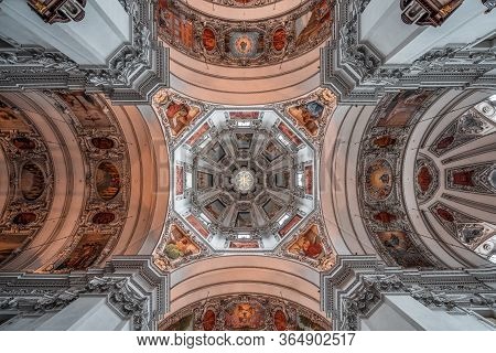 Feb 4, 2020 - Salzburg, Austria: Ultrawide Upward View Of Central Dome Mural Inside Salzburg Cathedr