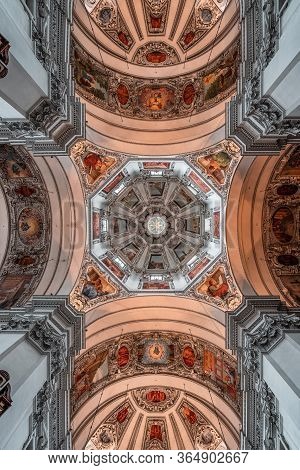 Feb 4, 2020 - Salzburg, Austria: Ultrawide Upward View Of Central Dome Mural Inside Salzburg Cathedr