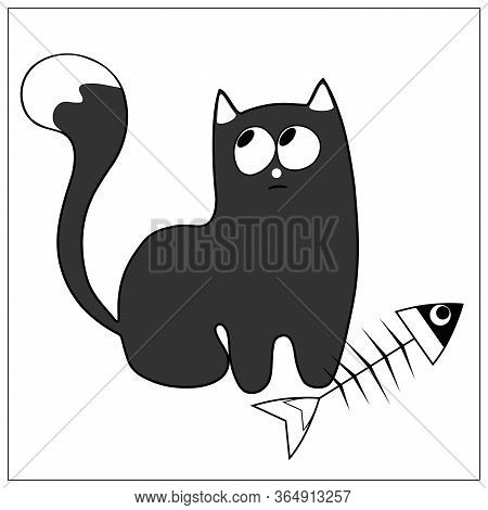 Black Cat With A White Tail And Fish, Black And White Image
