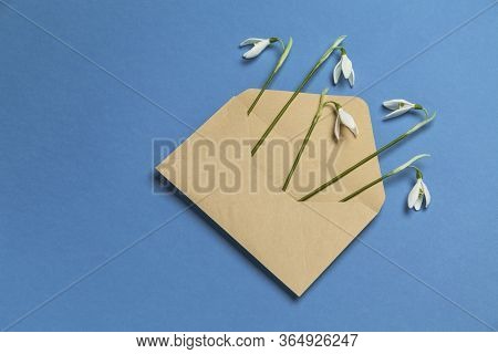 Fresh Beautiful Snowdrops Flowers In Envelope Isolated On Blue Background. Invitation On Wedding Or 