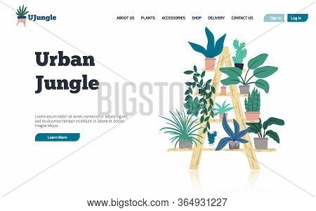 Urban Jungle Landing Page Template With Hand Drawn Flat Houseplants.
