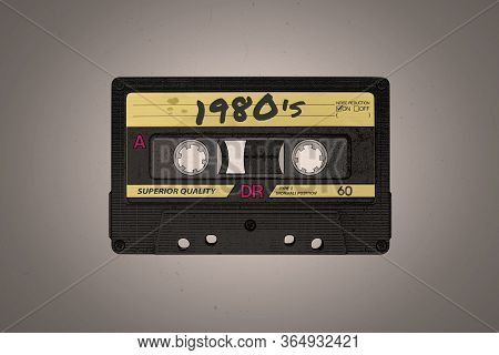 A Retro 1980's Themed Black And Yellow Aged Audio Cassette Illustration Background With Copy Space