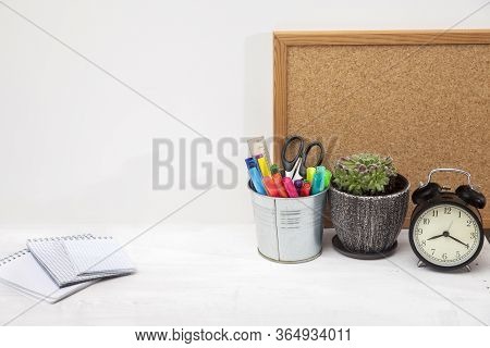 Copy Space. Workplace Office Worker With Accessories And White Desk.