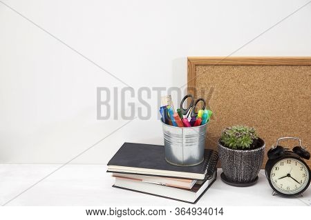 Copy Space. Workplace Office Worker With Accessories And White Desk.