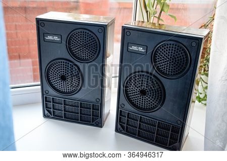 Krasnodar, Russia - April 11, 2020: Column Speaker 15as-208. Vintage Soviet Bookshelf Acoustics.