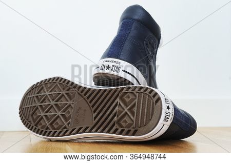 Belarus, Brest - June 27, 2019: Leather Blue Sneakersconverse All Star Sneakers.