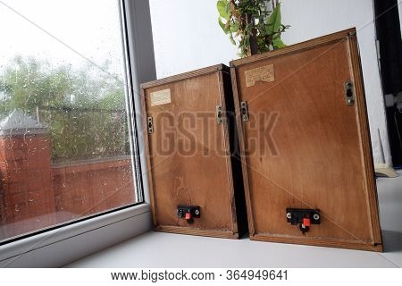 Krasnodar, Russia - April 11, 2020: The Back Of The Shelf Speaker System Is Made Of Plywood. Column 