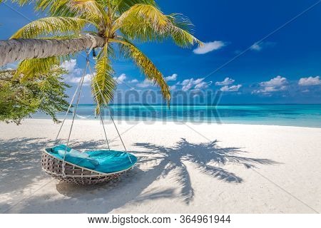 Tropical Beach Background As Summer Landscape With Beach Swing Or Hammock And White Sand And Calm Se