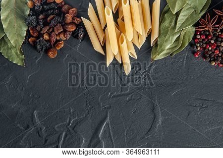 Italian Food Or Ingredients Background, Pasta And . Top View, View From Above. Copy Space