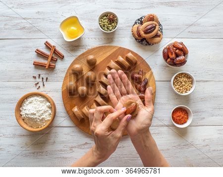 Cooking Homemade Eid Dates Sweets. Arabic Ramadan Sweets. Top View.