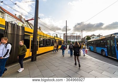 Editorial, Public Trams And People Szell Kalman Ter Square,  Budapest Hungary