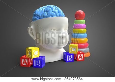 Model of the child's head and brain. Conceptual 3d illustration that can be used in many fields of science and medicine