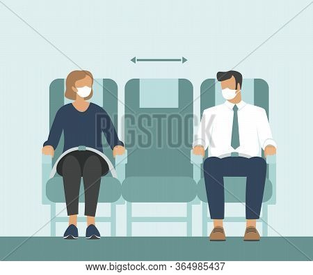 Passengers Wearing Protective Medical Masks Traveling By Airplane. new Seating Regulations On Flight