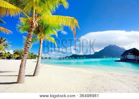 ชายหาดที่สวยงามกับมุมมองของภูเขา Otemanu ในเกาะโบราโบร่า