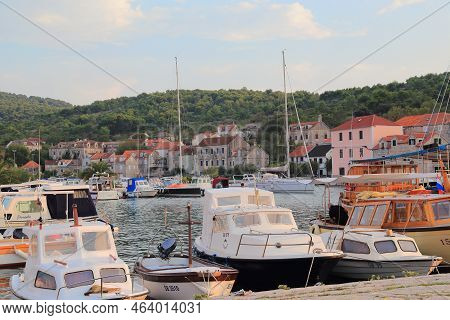 Zlarin, Croatia - September 12, 2016: This Is A Harbor With Moored Boats And Yachts Near A Small Cro