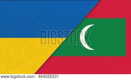Flag Of Ukraine And Maldives - 3d Illustration. Two Flags Together. National Symbols Of Ukraine And 