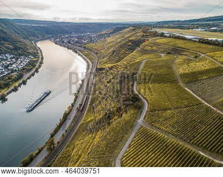 Aerial View Famous German Wine Region Moselle River Lay And Guels Village Autumn Fall Colors