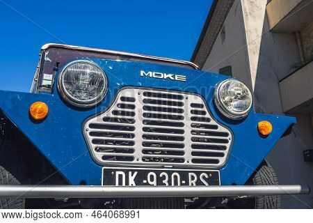 Loriol Sur Drome, France - 17 September, 2022: Vintage Blue Mini Moke Car With A Fabric Roof, On The