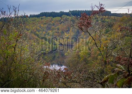 High Angle View During Autumn On River Ourthe In The Ardennes Of Wallonia, Belgium. Beauty In Nature