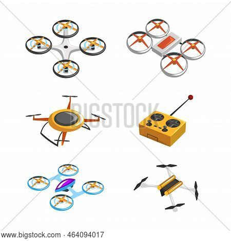 Drones With Controller As Unmanned Aircraft Isometric Vector Set