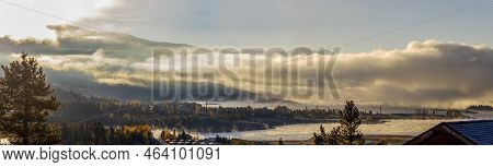 Beautiful Autumn Sunrise On Foggy Granby Lake In The Colorado Rocky Mountains