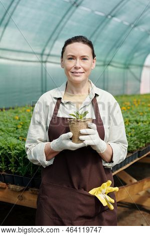 Photo Realistic Digital Collage Of Gloved Female Fermer In Apron Holding Pot