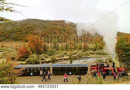 'the End Of The World Train' At Macarena Waterfall Station During The Excursion, Tierra Del Fuego Pr