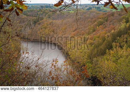 High Angle Panorama View On The Landscape Of Parc Naturel Des Deux Ourthes During Autumn In The Arde