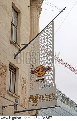 Budapest, Hungary - July 31, 2022: Famous Hard Rock Cafe Flag At Vaci Street In City Centre Summer D